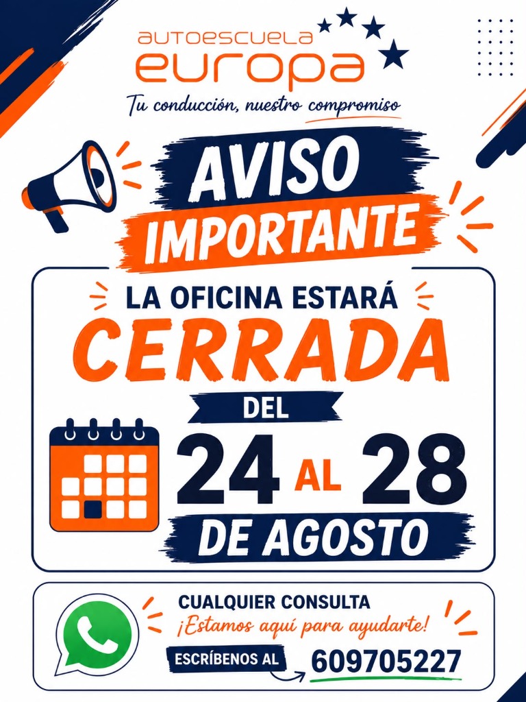 Aviso de Vacaciones Autoescuela Europa